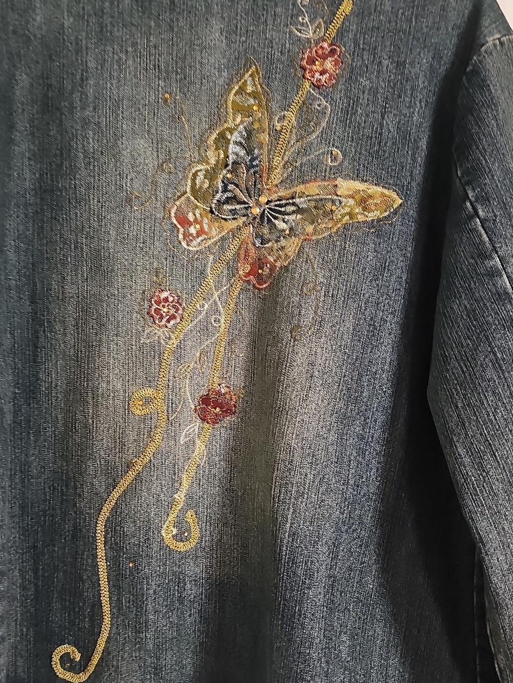 Jou Jou Embroidered  Butterfly Denim Blazer Jacket in Faded Blue - Picture 5 of 7